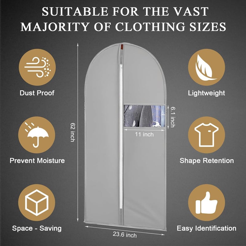 JOLYEAK 62-Inch Garment Bags Covers,Hanging Clothes Bag, Suit Cover Bags with Clear Window for Hanging Closet Clothes Storage and Travel (Gray) - Image 1